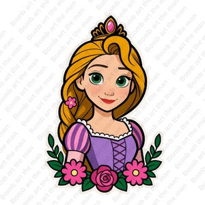 May include: A cartoon illustration of a princess with long blonde hair, green eyes, and a purple dress. She wears a gold crown with a pink gem and is surrounded by pink flowers and green leaves. The image has a black outline.