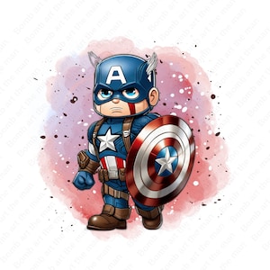 Bebê Capitão América clipart, bonito capitão américa png, super herói png, imagem transparente, fundo aquarela, download instantâneo