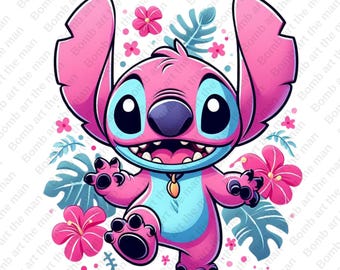 May include: A pink and blue cartoon character with large eyes and a wide smile. The character is surrounded by pink flowers and green leaves.