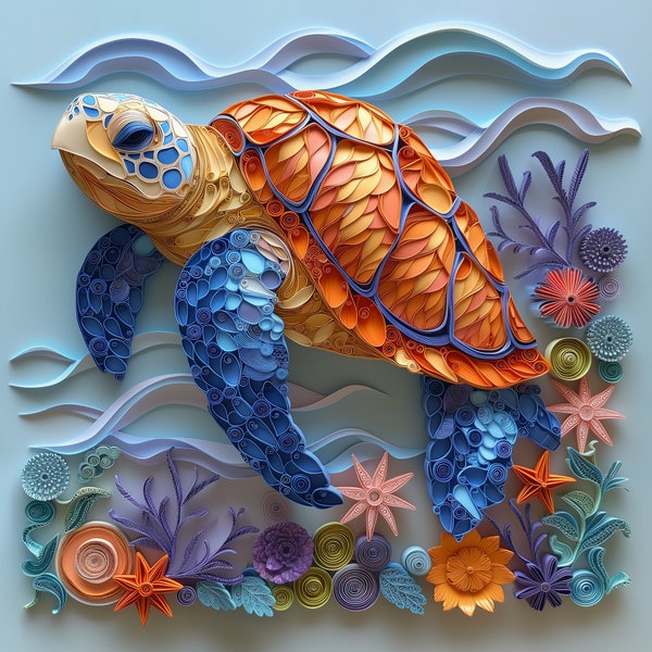 Colorful Sea Turtle Design in Paper Quilling Style - Digital Art