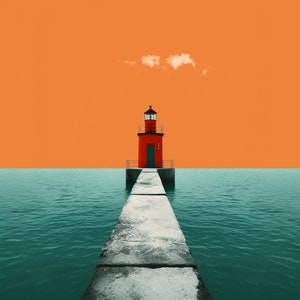 Digital Art Lighthouse, Nautical, Ocean, Orange, Teal