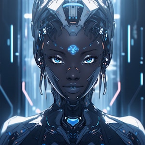 May include: A digital portrait of a woman with blue eyes and a metallic, futuristic design. Her skin is dark and she has a blue and white symbol on her forehead.