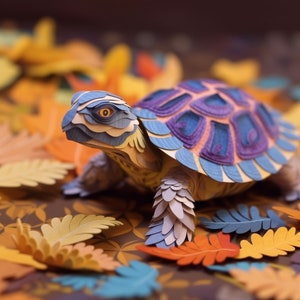 Peut inclure: Une tortue en papier avec une carapace bleue, violette et rose. La tortue est posée sur un lit de feuilles de papier colorées.