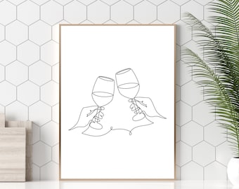 Wein Prost Linie Kunstdruck, Minimalistische Küche Dekor (Digitaler Download)