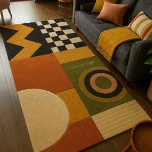 Könnte beinhalten: Ein geometrischer Teppich mit modernem Design. Der Teppich zeigt eine Kombination aus Formen und Farben, darunter ein schwarz-weißes Schachbrettmuster, ein gelber Zickzack und ein großer beiger Halbkreis. Der Text "GLOWING rugs" ist auf dem Teppich aufgedruckt.