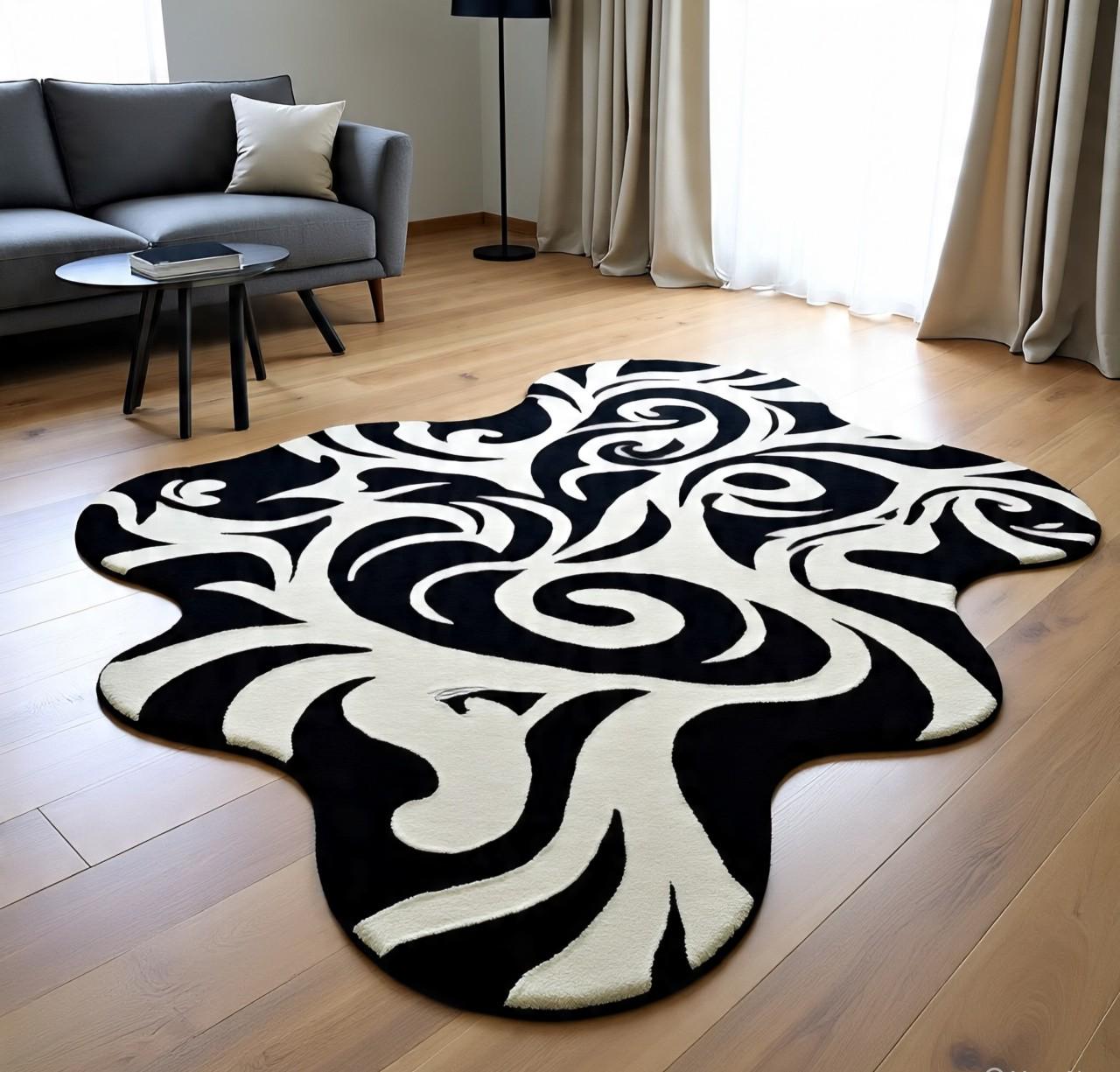 Handmade Abstract Black & White Rug | Irregular Shape Wool Carpet ...