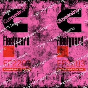 May include: A pink and black graphic design featuring the Cummins logo and Fleetguard branding. The design includes the text "FF2203 Extended Service Fuel Filter" and "FF2203 Extended Service Fuel Filter" with the Cummins part numbers.