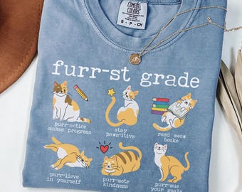 Comfort Colors Cat First Grade Teacher Shirt, Funny 1st Grade Teacher T-Shirt, Cat Lover Teacher Tee, Teacher Puns Shirt, Teacher Humor Gift