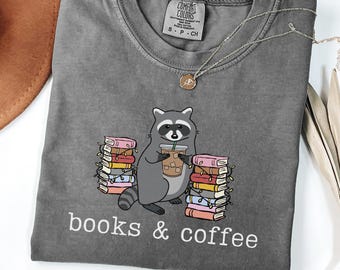 Raccoon Books and Coffee Shirt, Racoon Iced Coffee Shirt, Reading Animal Tee, Comfort Colors Bookworm Apparel, Reader Lover Gifts