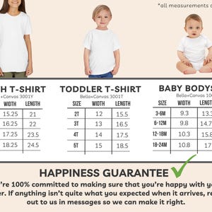 May include: Image showing size charts for youth t-shirts, toddler t-shirts, and baby bodysuits. Measurements are in inches. The chart includes size, width, and length for each garment, along with weight for baby sizes.