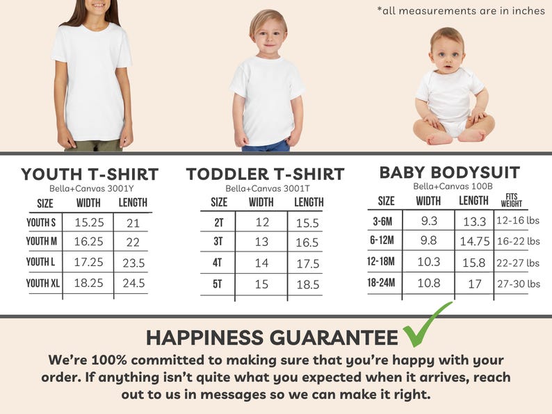 May include: Image showing size charts for youth t-shirts, toddler t-shirts, and baby bodysuits. Measurements are in inches. The chart includes size, width, and length for each garment, along with weight for baby sizes.