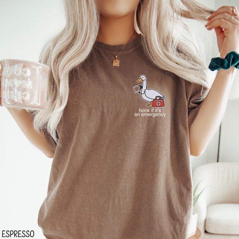 May include: A brown t-shirt with a white goose wearing a stethoscope and holding a first aid kit. The text on the shirt reads "Honk if it's an emergency."