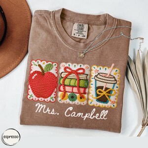 Comfort Colors Faux Patchwork Teacher Shirt, Custom Back To School Shirt Teacher, Apple Coffee Books Tee, Coquette Teacher T-shirt