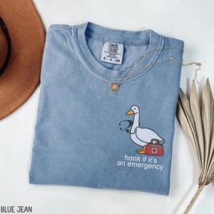 May include: A light blue t-shirt with a cartoon goose wearing a stethoscope and carrying a first aid kit. The text "honk if it's an emergency" is printed below the goose.