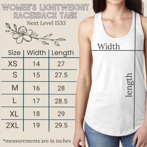 May include: Size chart for a racerback tank top with measurements in inches. The chart shows the size, width, and length of the tank top in sizes XS to 2XL.