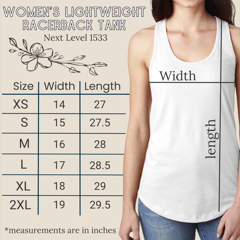 May include: Size chart for a racerback tank top with measurements in inches. The chart shows the size, width, and length of the tank top in sizes XS to 2XL.