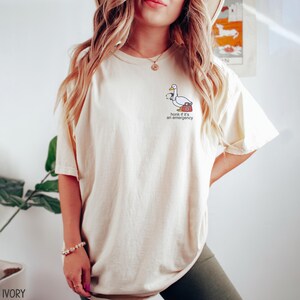 May include: A cream colored t-shirt with a cartoon goose holding a first aid kit. The text on the shirt reads "Honk if it's an emergency."