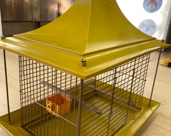 Rare Mid Century Modern Mustard Yellow Vintage Acrylic Brass Bird Cage Near Mint one of the kind