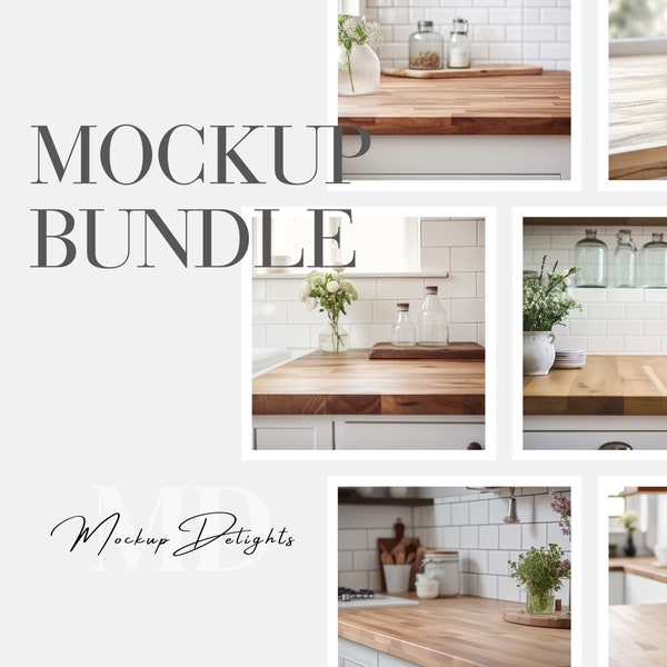 Table Mockup Bundle, Wooden Countertop Mockup, Kitchen Wall and Tiles Background, Product Display Backdrops, Stock Photo DigitalDownload