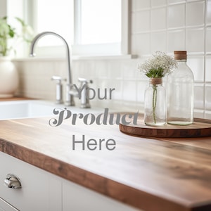 Kitchen Background, Kitchen Products Display, Farmhouse Aesthetic Image, Wooden Countertop, Kitchen Interior Mockup, Showcase Tableware