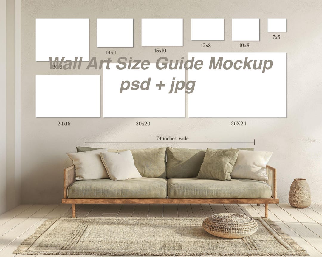 Wall Art Size Guide Mockup, Horizontal Print Poster Mockup for Art ...