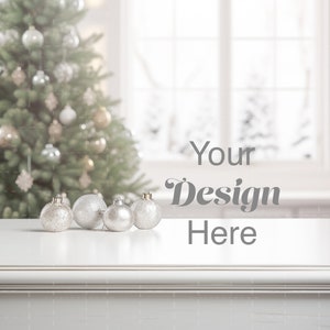 Christmas Tree Background Table Mockup, Styled Product Background Image for Product Display, White Wooden Table Mockup, Digital Backgrounds
