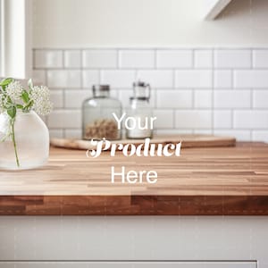 Fotografía de stock de encimera de madera, exhibición de productos de cocina, imagen estética de una casa de campo, imagen de maqueta del interior de la cocina, exhibición de vajilla