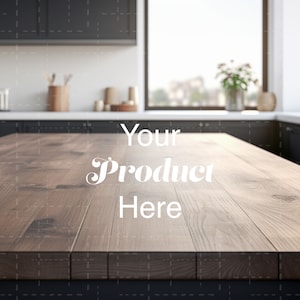 Kitchen Island Table Photo, for Product Display, Elegant Wooden Table Mockup, Minimal Kitchen Background, Coffee Mug Bottle Mockup Backdrops