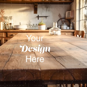 Peut inclure: Une table en bois rustique avec une surface usée, idéale pour présenter des produits ou mettre en valeur un design. La table est placée dans un décor de cuisine avec un arrière-plan flou de placards et de fenêtres.