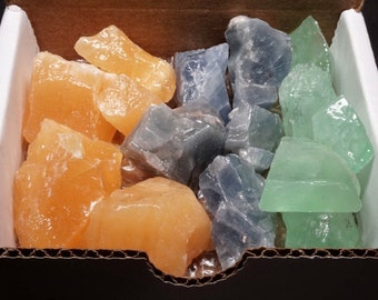 Calcite Box 1 LB Natural Blue Orange Emerald Calcite Raw Crystal Chunks