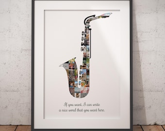 Personalisierte Saxophon-Collage, individuelles Musikgeschenk, Saxophonist-Fotokunst, Jazz Studio-Wanddekor