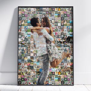 May include: A framed photo collage featuring a couple embracing. The background is composed of numerous smaller photos, creating a mosaic effect. The frame is black, and the overall image has a warm, sentimental feel.