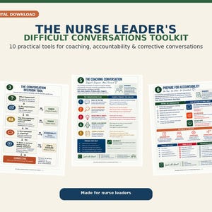 May include: The Nurse Leader's Difficult Conversations Toolkit is a digital download featuring three instructional pages. These documents provide structured guides for coaching, accountability, and corrective conversations, including flowcharts and checklists.