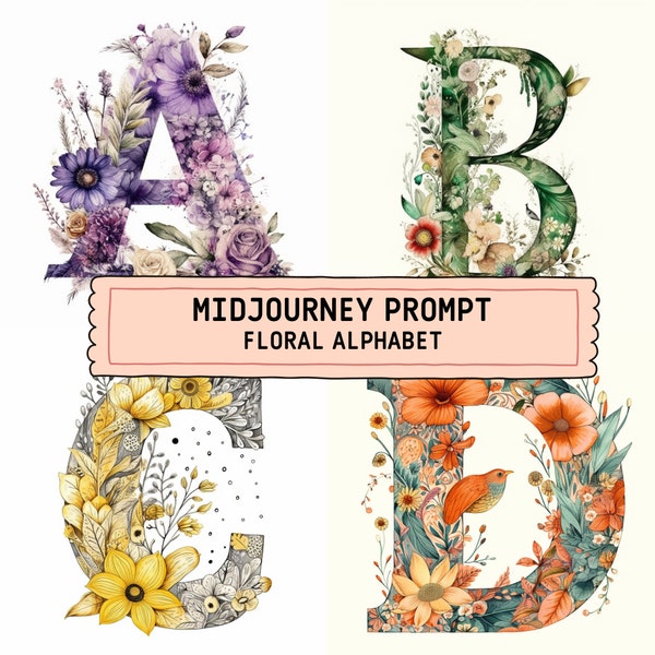 Midjourney Prompt for Floral Alphabet, Midjourney Prompt Guide, Customizable, Best Midjourney Prompt, Nursey Art, Floral letters, Alphabet