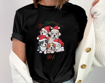 The Holidays are Ruff T-Shirt, Christmas Tee, Holidays Shirt, Holidays are rough pun, Dogs wearing Santa Hats, Unisex Clothing