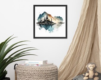 Minimalist Lake and Mountain Watercolor Painting - Wall Art Digital Print