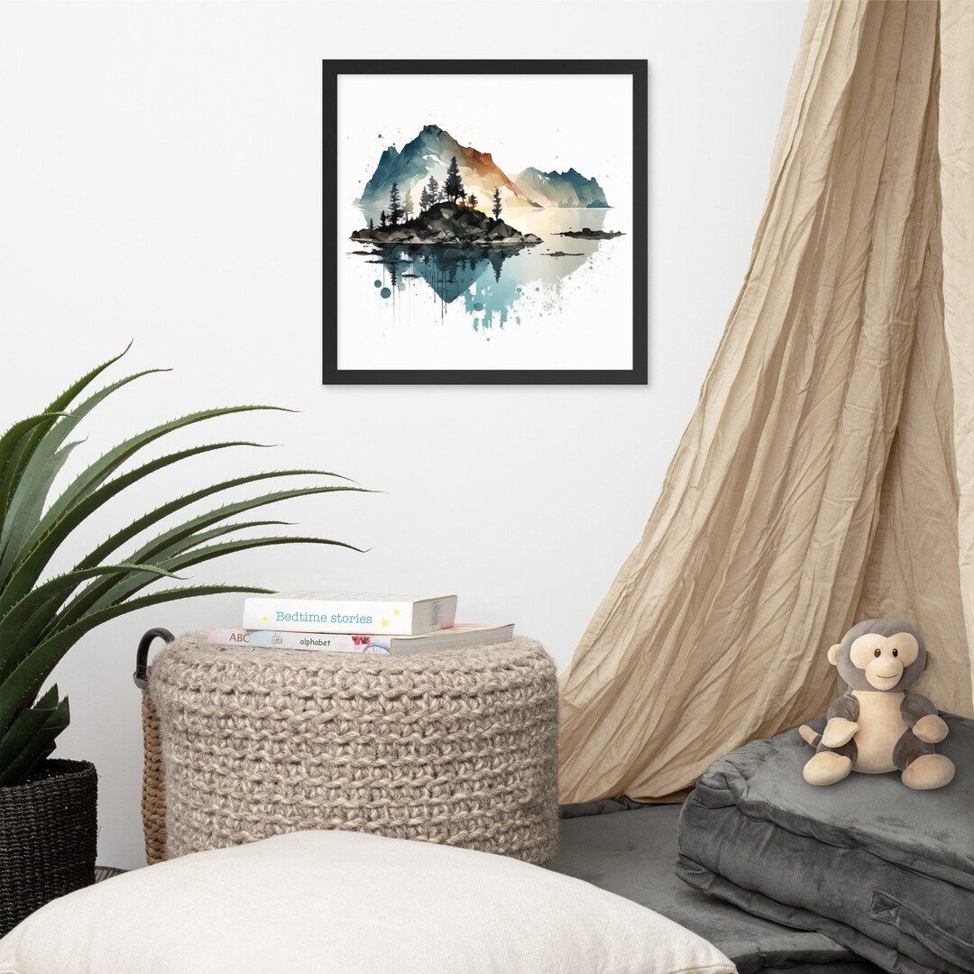 Minimalist Lake and Mountain Watercolor Painting - Wall Art Digital ...