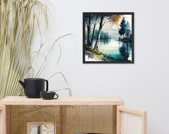 lake art prints abstract landscape painting forest lake watercolor painting light blue beige wall art minimalist art home decor