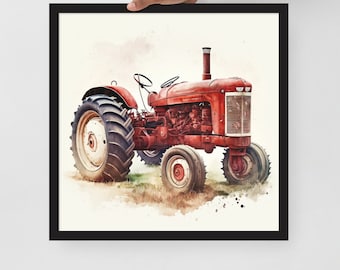 Red Tractor Watercolor Digital Download for Kids Bedroom Wall Art