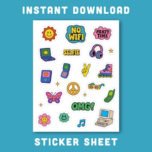 Op de afbeelding: Een stickerblad met diverse kleurrijke graphics in retrostijl. Ontwerpen omvatten een lachende zon, een laptop, een koptelefoon, een rolschaats, een vlinder en de tekst "NO WIFI", "SELFIE", "OMG!" en "PARTY TIME". De woorden "INSTANT DOWNLOAD" en "STICKER SHEET" zijn ook zichtbaar.