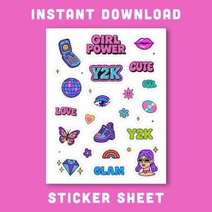Puede incluir: Una hoja de pegatinas con fondo rosa con varias pegatinas coloridas con temática Y2K. Los diseños incluyen un teléfono plegable, labios, un globo terráqueo, una mariposa, una zapatilla y texto que dice "GIRL POWER", "Y2K", "CUTE", "COOL" y "GLAM". También está presente el texto "INSTANT DOWNLOAD" y "STICKER SHEET".