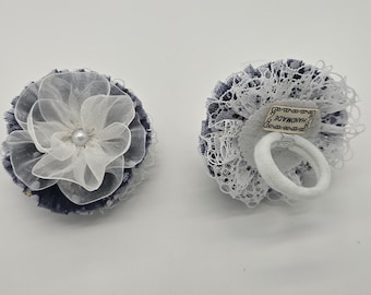 Flower hair bow for girl, girls bow, blue bow, white scrunchy, white bow, scrunchie, lace, organza, woman bow, headband hair accessories