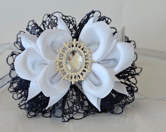 Hair bow for girl, bow for girls, blue bow, navy blue bow, white bow, scrunchie, grosgrain ribbon, woman bow, headband hair accessories
