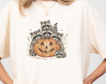Cute Raccoon Pumpkin Shirt, Fall Halloween Tee, Cozy Autumn Animal Top, Spooky Season Graphic Tee, Woodland Pumpkin Patch Shirt