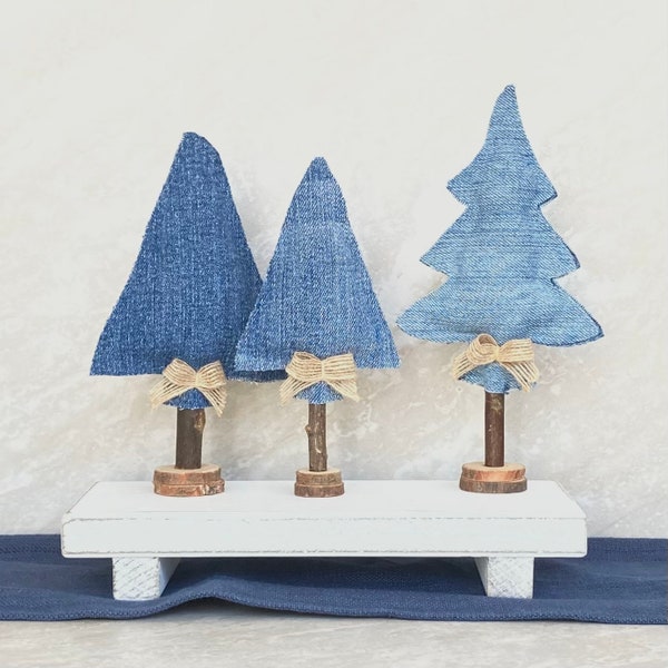 Denim and Wood Mini Trees / Rustic Home or Tiered Tray Decor / Farmhouse Fabric Trees for Mantle or Centerpiece Set of 3