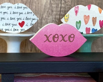 Valentine’s Day Tiered Tray Decor / Kiss Lips Shelf Sitter / I Love You Gift