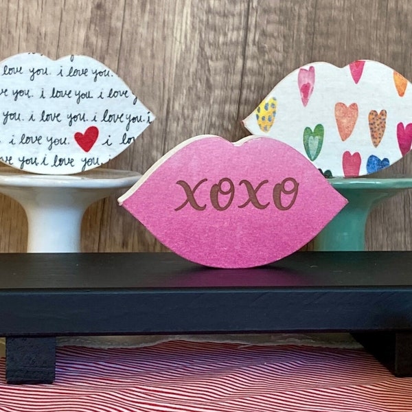 Valentine’s Day Tiered Tray / Wood Lips Kiss Shelf & Table Home Decor / Love Gift for Her or Him