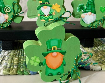 St. Patrick’s Day Gnome Tiered Tray / Wood 4-Leaf Clover Home Decor / Shamrock Shelf & Table Accent