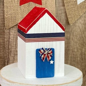 4th of July Wood House / Patriotic Summer Tiered Tray / Red White and Blue Americana Shelf Decor 5”