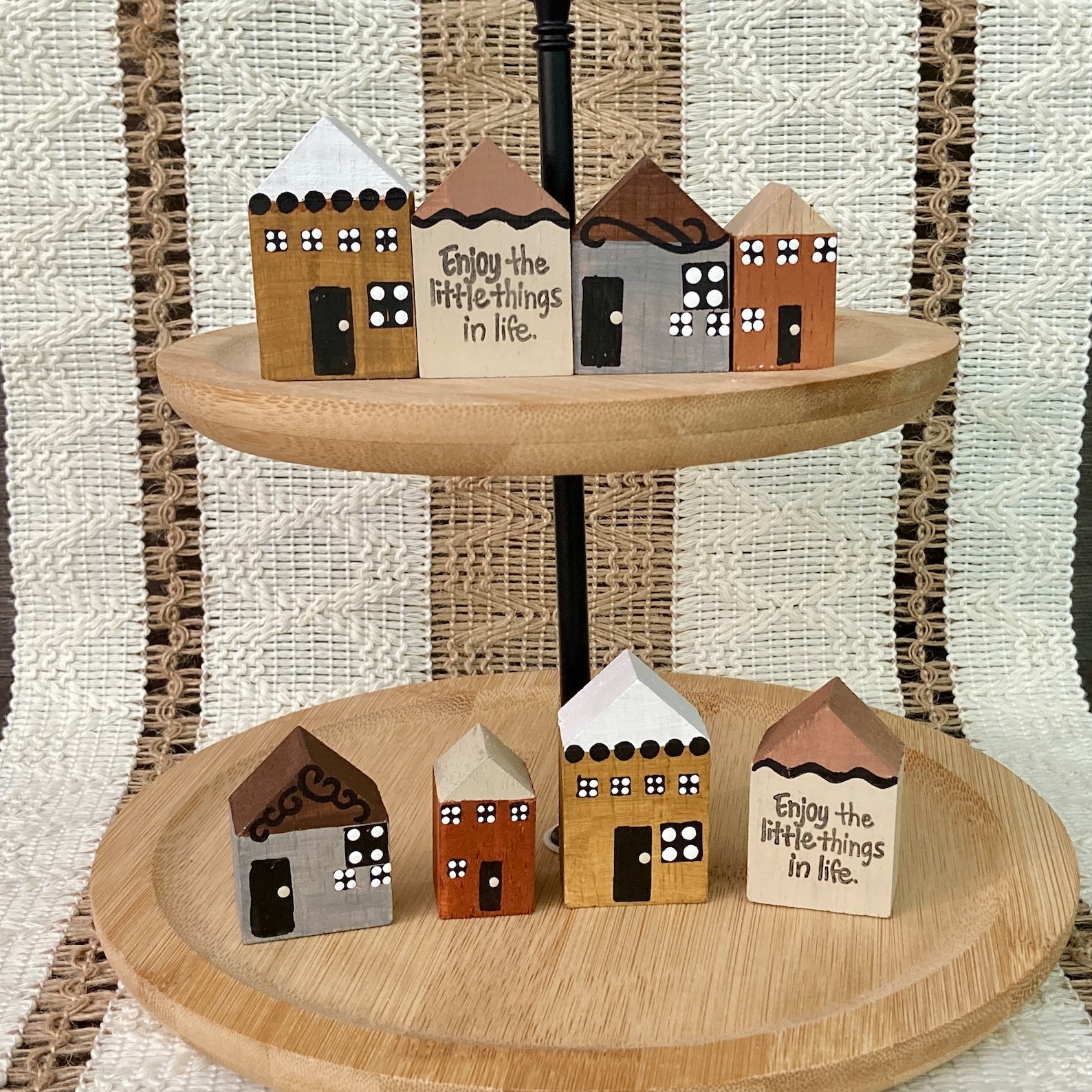 Mini House Shape Rack Miniature Wood Houses / Tiered Tray or Knick Knack Shelf / Neutral ...